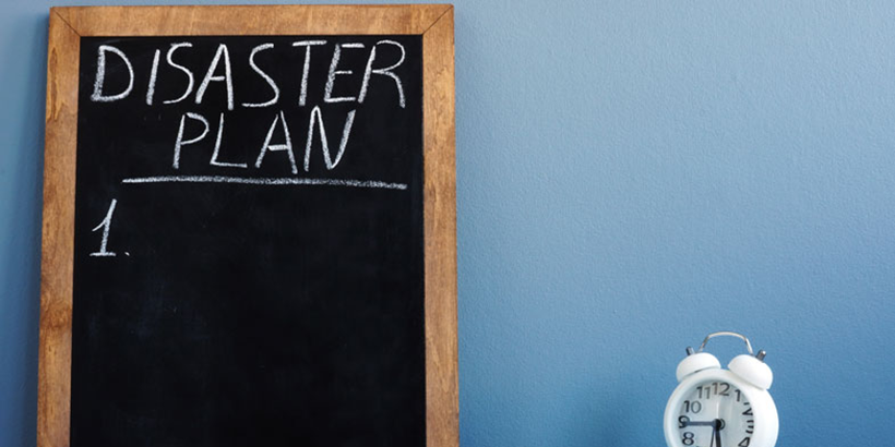 Disaster Plan Step 1 written on a chalkboard
