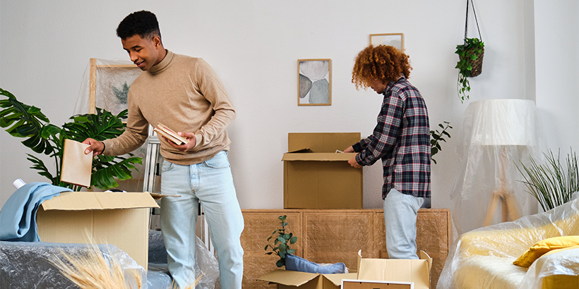 couple packing up their living room