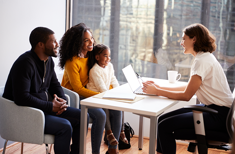 Family meets with woman in office