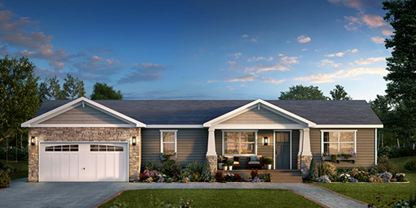 Manufactured home with porch and front yard