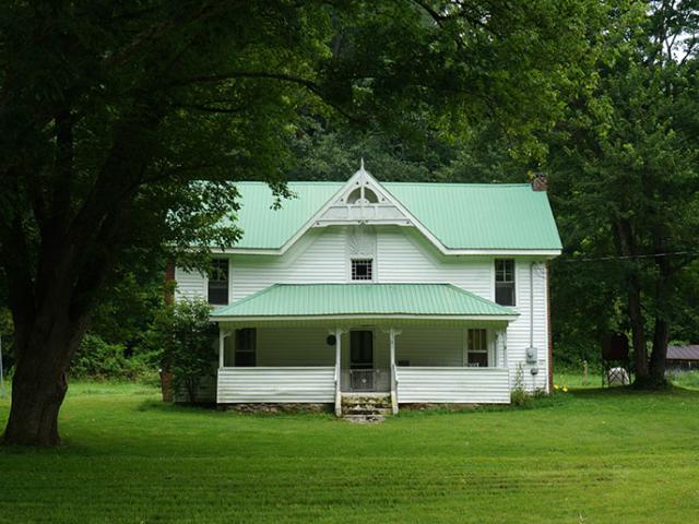 Rural green and white home flanked by old growth trees