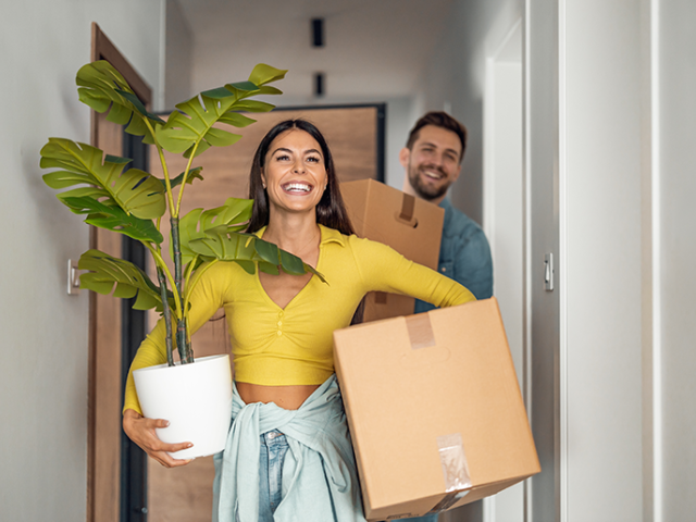 Couple carrying moving boxes and a plant