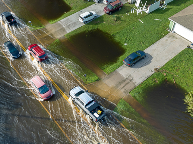 Overhead view of a flooded residential street