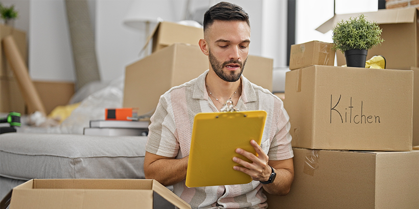 Person reviewing checklist while packing for a move