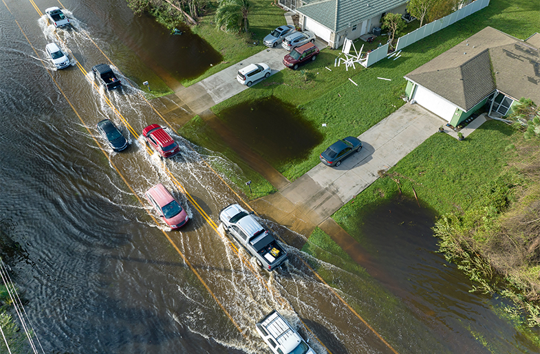 Overhead view of a flooded residential street