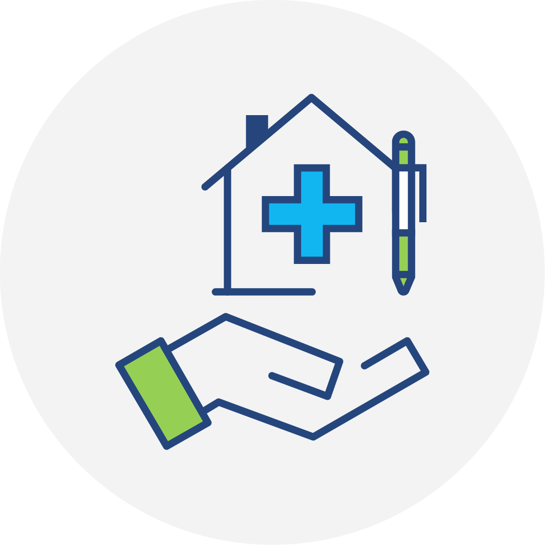 outline of a home with a blue plus hospital sign and inkpen inside of it