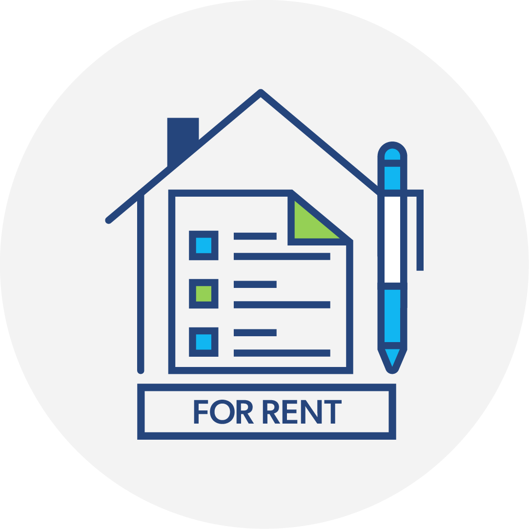 Outline of a home with a for rent sign in front