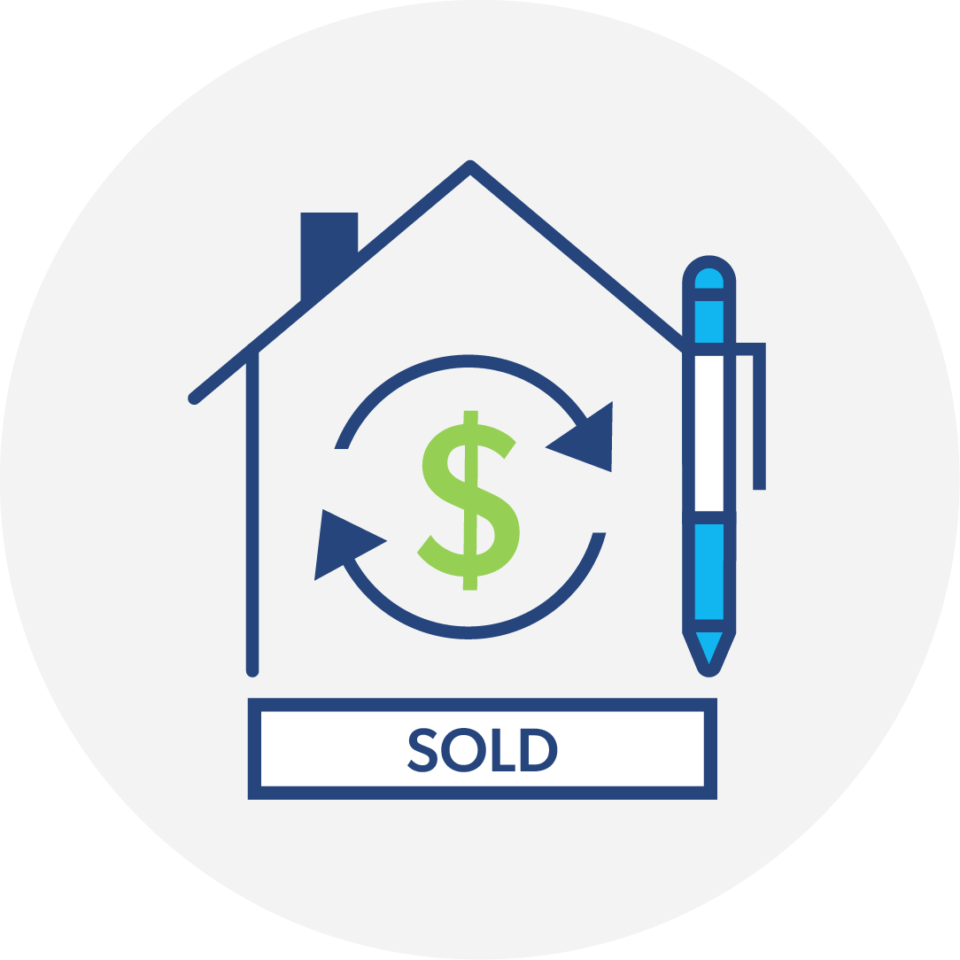 Outline of a home with a dollar symbol, pen and sold sign inside