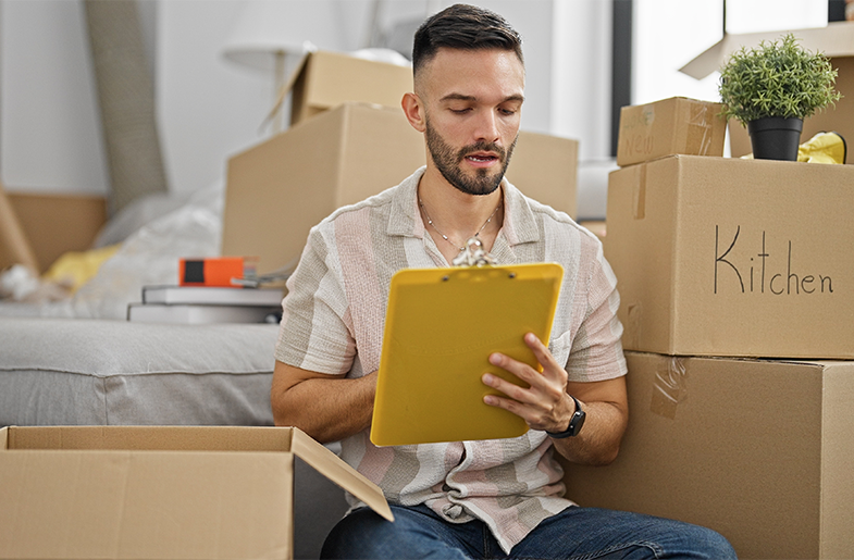 Person reviewing checklist while packing for a move
