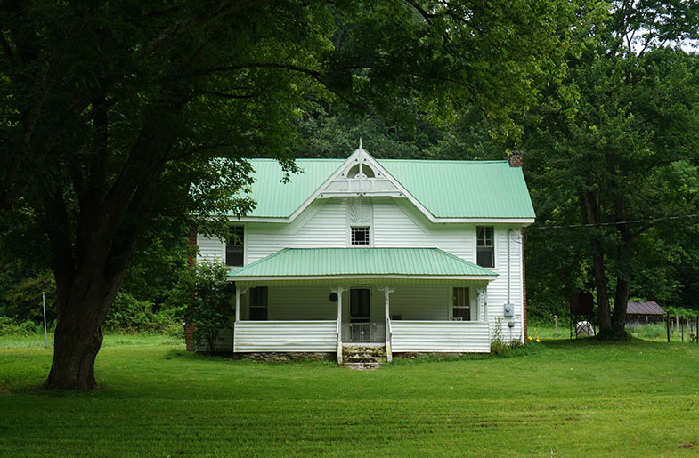 Rural green and white home flanked by old growth trees