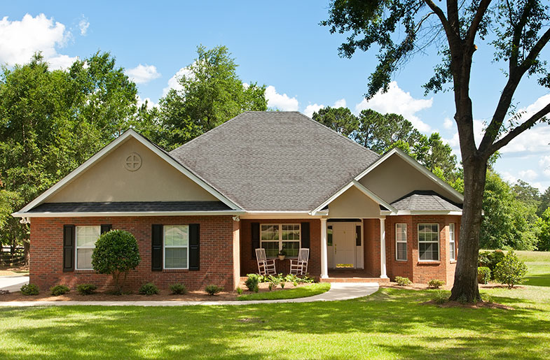 Triangular house shaded by a tall tree