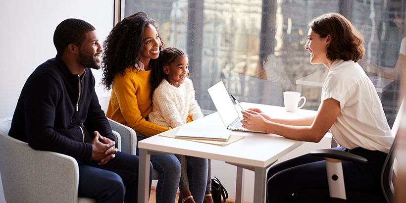 Family meets with woman in office