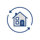 Outline of a home with a dollar sign and rotating arrows